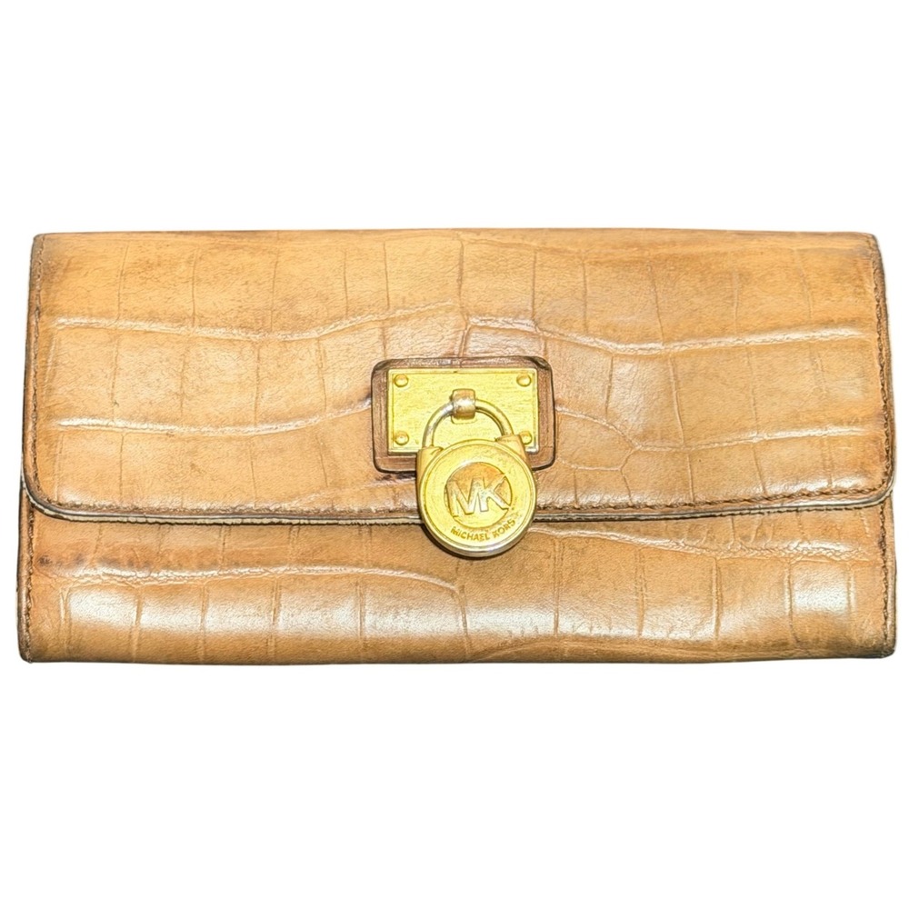 Michael Kors Wallet Womens Tan Croc Leather Hamilton Padlock Continental Vintage